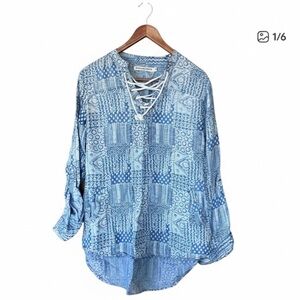 High-Low Boho Lace-Up Patchwork Long Sleeve Roll Up Shirt Women’s Size Small